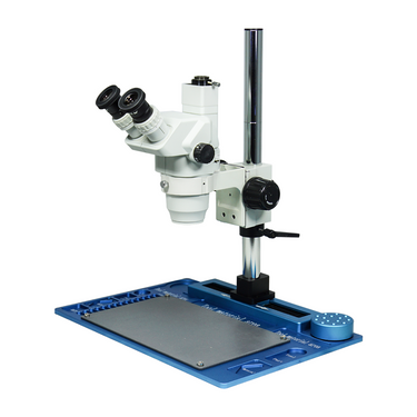 6.7-45X Post Stand Trinocular Zoom Stereo Microscope, SKU SZ02020251, three quarter front view