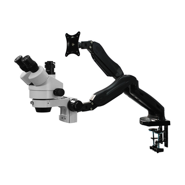 7X-45X Widefield Zoom Stereo Microscope, Trinocular, Pneumatic Articulating Arm Table Clamp + Monitor Holder, SKU SZ02010732, three quarter front view