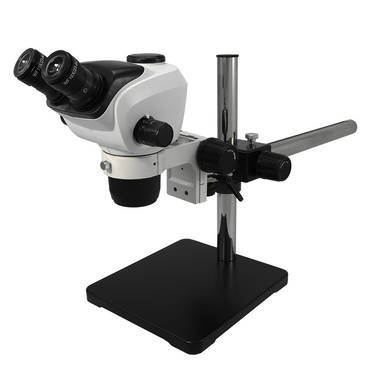 6.6X-51X WF Binocular Zoom Stereo Microscope + Boom Cross Arm Stand 76mm E-Arm, SKU SZ02050421, three quarter front view