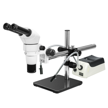 8-50X Halogen Light Boom Stand Binocular Parallel Zoom Stereo Microscope, SKU PZ02040125, three quarter front view