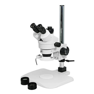 3.5-90X Post Stand Fluorescence Light Trinocular Zoom Stereo Microscope, SKU SZ02010235, three quarter front view
