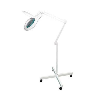 5 Diopter (2.25X) LED Magnifying Lamp with Rolling Floor Stand - 5-inch Glass Lens and Flip Cover, SKU MG16323221, three quarter front view