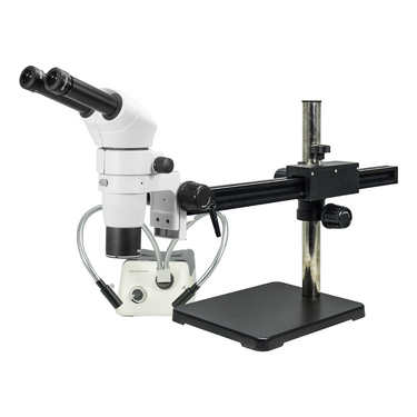 8-50X Ball Bearing Boom Stand Halogen Light Binocular Parallel Zoom Stereo Microscope, SKU PZ02080261, three quarter front view