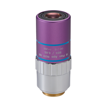 Objective Working Distance 10mm 50X Infinity High Resolution Long Working Distance Plan Apochromatic NUV Objective, SKU Mitutoyo-378-888-6, three quarter front view