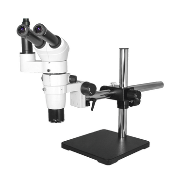 8-65X Boom Stand Trinocular Parallel Zoom Stereo Microscope, SKU PZ02040132, three quarter front view