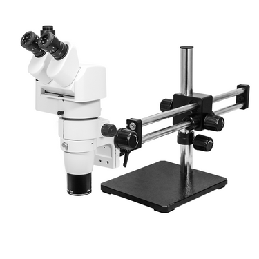8-80X Dual Arm Stand Trinocular Parallel Zoom Stereo Microscope, SKU PZ02050134, three quarter front view