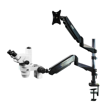 6.7-45X Dual Pnenmatic Arm Trinocular Zoom Stereo Microscope, SKU SZ02020734, three quarter front view