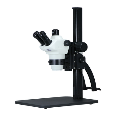 8-50X Curved Arm Stand Trinocular Zoom Stereo Microscope, SKU SZ02030171, three quarter front view
