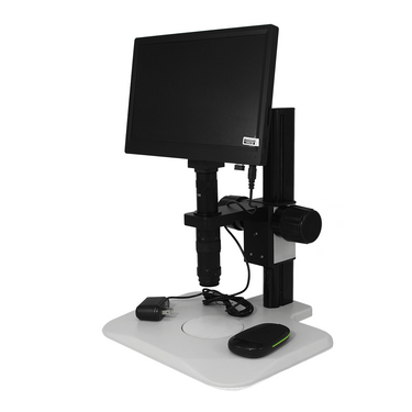 0.35X-2.25X Industrial Inspection Video Zoom Microscope, Track Stand + LCD Display Digital Camera 10 in. Monitor, SKU MZ02010106, three quarter front view