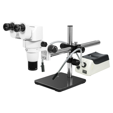 8-50X Halogen Light Boom Stand Binocular Parallel Zoom Stereo Microscope, SKU PZ02040461, three quarter front view