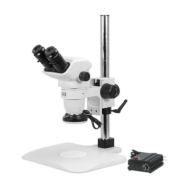 6.7-45X LED Light Post Stand Binocular Zoom Stereo Microscope, SKU SZ02060222, three quarter front view