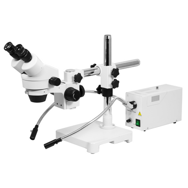 7-45X Halogen Light Boom Stand Binocular Zoom Stereo Microscope, SKU SZ02010426, three quarter front view