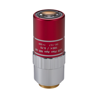 Objective Working Distance 9.87mm 100X LCD Infinity High Resolution Long Working Distance Plan Apochromatic NIR Objective, SKU Mitutoyo-378-870-15, three quarter front view
