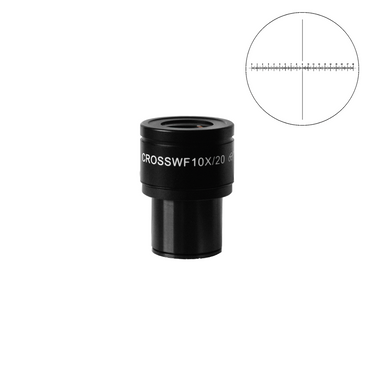 WF 10X Widefield Focusable Microscope Eyepiece with Reticle, X-Axis Crosshair, High Eyepoint, 30mm, FOV 20mm, Adjustable Diopter (One), SKU BM03022231, three quarter front view