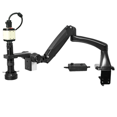 0.35X-2.25X LED Industrial Inspection Video Zoom Microscope, Pneumatic Arm Clamp Stand + Digital Camera, SKU MZ02010172, three quarter front view