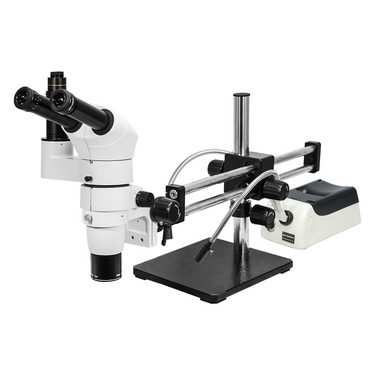 8-80X Halogen Light Dual Arm Stand Trinocular Parallel Zoom Stereo Microscope, SKU PZ02050133, three quarter front view