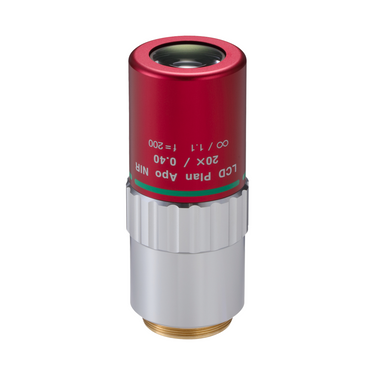 Objective Working Distance 19.98mm 20X LCD Infinity Long Working Distance Plan Apochromatic NIR Objective, SKU Mitutoyo-378-827-16, three quarter front view