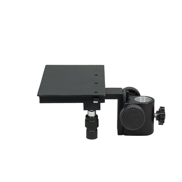Focus Distance 52mm Post Hole Diameter of Focusing Rack Dia. 32mm XY Stage Travel Distance 70x40mm Stage Platform Dimensions 200x125mm Manual Stage, SKU SG02305212, three quarter front view