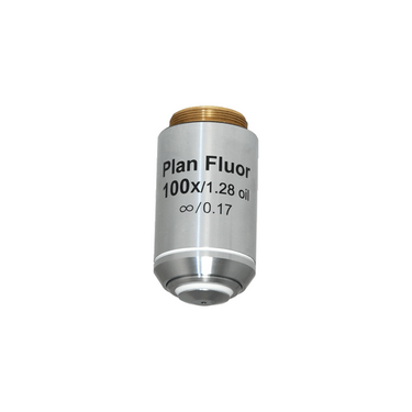 100X Infinity-Corrected Plan Fluor Semi-Apochromatic Microscope Objective Lens Working Distance 0.21mm, SKU FM05103851, three quarter front view