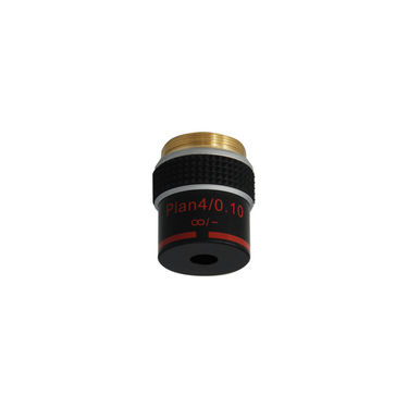 4X Infinity-Corrected Plan Achromatic Polarizing Microscope Objective Lens Working Distance 13.21mm with Black Finish, SKU PL04053231, three quarter front view