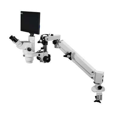 2.0 Megapixels 3.35-22.5X CMOS Pneumatic Arm Trinocular Zoom Stereo Microscope, SKU SZ02020753, three quarter front view