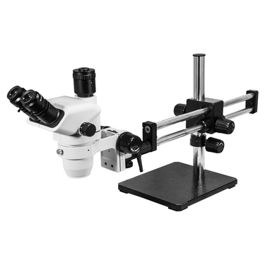 6.7-45X Dual Arm Stand Trinocular Zoom Stereo Microscope, SKU SZ02060531, three quarter front view