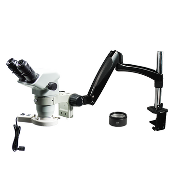 3.35-45X Pneumatic Arm Fluorescence Light Binocular Zoom Stereo Microscope, SKU SZ02060782, three quarter front view