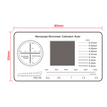 50mm/200 Div, 2.0Inch/40 Div, 20mm/200 Div, 25x25mm/250x250 Net Grid Line Gauge, SKU RT02412102, three quarter front view