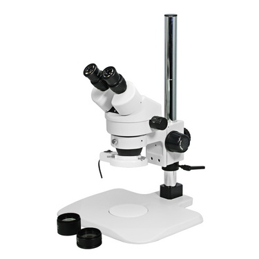 3.5-90X Post Stand Fluorescence Light Binocular Zoom Stereo Microscope, SKU SZ02010223, three quarter front view
