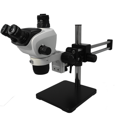 6.6X-51X Widefield Zoom Stereo Microscope, Trinocular, Double Arm Boom Stand, SKU SZ02050531, three quarter front view
