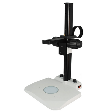 Microscope Track Stand, 39mm Fine Focus Rack, LED Bottom Light Base (Dimmable), SKU ST02041401, three quarter front view