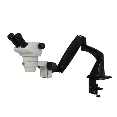 8X-50X Widefield Zoom Stereo Microscope, Binocular, Pneumatic Articulating Arm Table Clamp, SKU SZ02030721, three quarter front view
