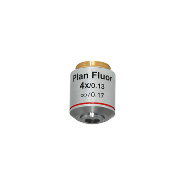 4X Infinity-Corrected Plan Fluor Semi-Apochromatic Microscope Objective Lens Working Distance 18.5mm, SKU FM05103251, three quarter front view