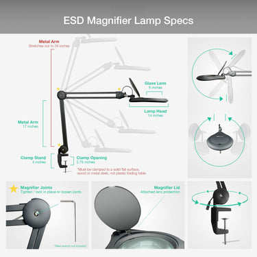 ESD 6 Diopter (2.5X) LED Magnifying Lamp with Clamp - 5-inch Glass Lens and Flip Cover