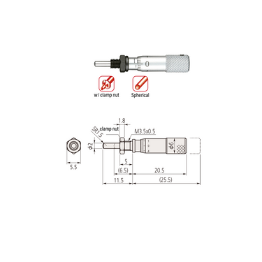 0-0.2″ Mechanical Micrometer Head Graduation 0.001″ 0.2" Spherical with Clamp Nut Mechanical Micrometer Head Mitutoyo-148-218