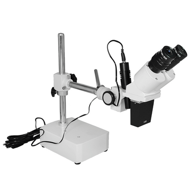 5X Widefield Stereo Microscope, Binocular, Single Arm Boom Stand with Arbor, LED Top Light