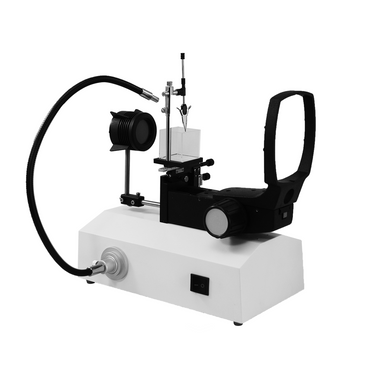 Horizontal Jewelry Gem Microscope Stand, Oil-Immersion, B&L Focus Rack, Dual LED Light, SKU JM36011212, three quarter front view