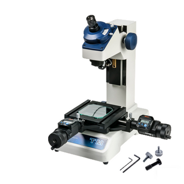 30X LED Dual Illuminated Light XY Stage Travel Distance 2x2″ Measurement Microscope (Measuring Range: 50x50, Micrometer Heads Included), SKU Mitutoyo-176-820-11A, three quarter front view