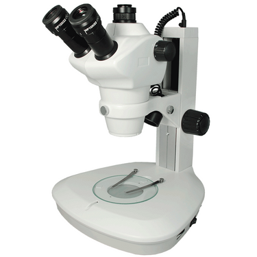8X-50X Widefield Zoom Stereo Microscope, Trinocular, Track Stand (Track Length 300mm) LED Top and Bottom Light, Fan Shaped Base, SKU SZ09010142, three quarter front view