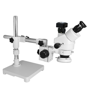 3.5X-45X Widefield Zoom Stereo Microscope, Trinocular, Single Arm Boom Stand with Arbor, LED Light + 5M CMOS Digital Camera