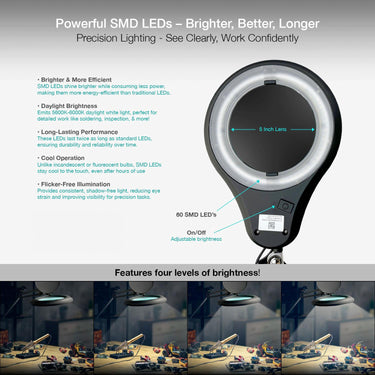 ESD 3 Diopter (1.75X) LED Magnifying Lamp with Clamp - 5-inch Glass Lens and Flip Cover
