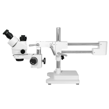 7X-45X Widefield Zoom Stereo Microscope, Trinocular, Double Arm Boom Stand with Arbor