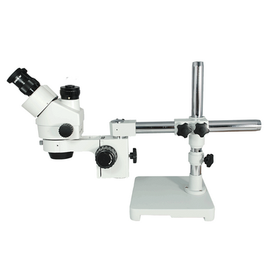 7X-45X Widefield Zoom Stereo Microscope, Trinocular, Single Arm Boom Stand with Arbor