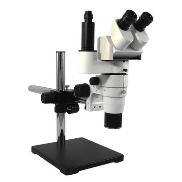 8X-80X Widefield Parallel Zoom Stereo Microscope, Trinocular, Single Arm Boom Stand + Single Port Photo/Video Beam Splitter, Siedentopf 0-35° Viewing Angle