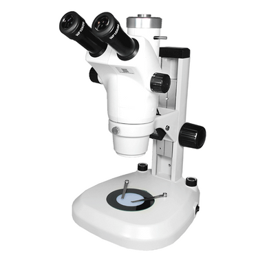 6X-50X Widefield Zoom Stereo Microscope, Trinocular, Track Stand, LED Top and Bottom Light, SKU SZ04030132, three quarter front view