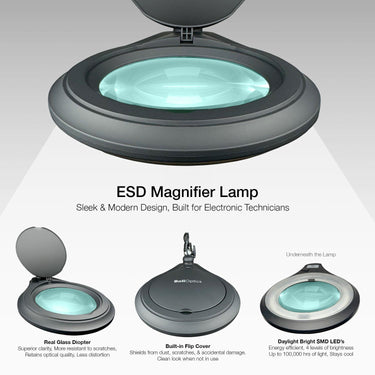ESD 8 Diopter (3X) LED Magnifying Lamp with Clamp - 5-inch Glass Lens and Flip Cover