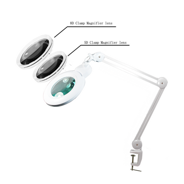 3, 5 & 8 Diopter LED Magnifying Lamp with Clamp – 3 Interchangeable 5-inch Glass Lenses, SKU MG16304110, three quarter front view
