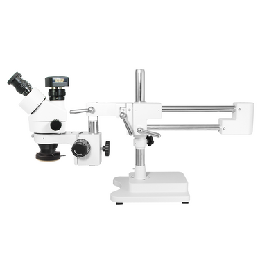 3.5X-180X Widefield Zoom Stereo Microscope, Trinocular, Double Arm Boom Stand, LED Light + 16M CMOS Digital Camera