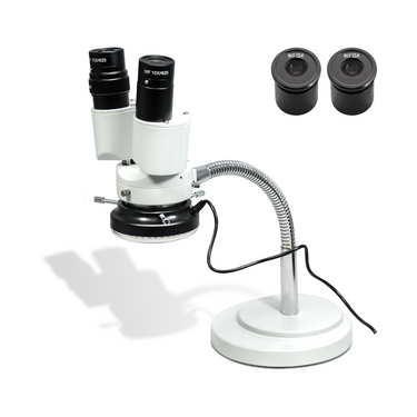 8X 8X/12X LED Light Gooseneck Stand 8X/12X Binocular Fixed Power Stereo Microscope, SKU FS02050122, three quarter front view