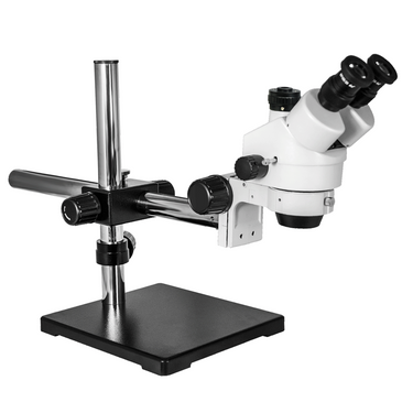 7X-45X Widefield Zoom Stereo Microscope, Trinocular, Single Arm Boom Stand (Siedentopf)